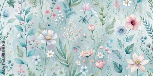 Serene Aqua Floral Garden A Delicate Watercolor Print Featuring an Abundance of Pastel Blossoms and Lush Greenery, Ideal for Textile Designs or Wall Decor