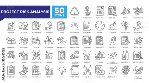 Project risk analysis lineal icon set collection. This set includes risk, investment, strategy, inflation economics, stock market and more icon in lineal style. Vector icon collection for infographics