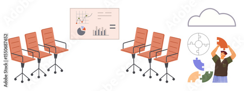 Office chairs in a meeting arrangement, data chart on the wall, cloud, man assembling puzzle pieces depicting problem-solving. Ideal for teamwork, collaboration, meetings, solutions, brainstorming