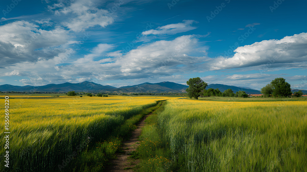 Obraz premium Yellow Path Through Green Wheat Fields Leading to Distant Mountains Under Blue Sky