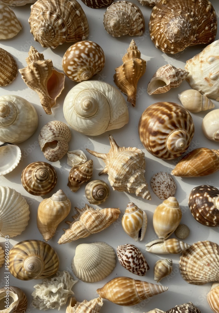 Seashell Collection: Diverse Brown and White Shells on White Background Seashell Collection: Diverse Brown and White Shells on White Background
