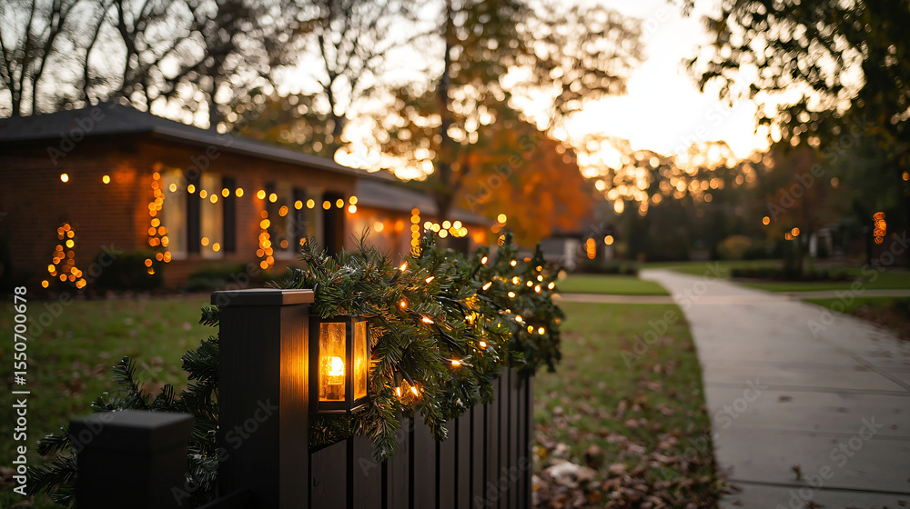 Fototapeta premium Festive holiday fence with pine garland and glowing lights at golden hour 