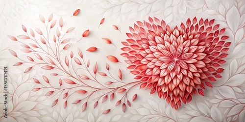 Heart-Shaped Floral Arrangement with Delicate Branch and Falling Petals on a Soft, Neutral Background