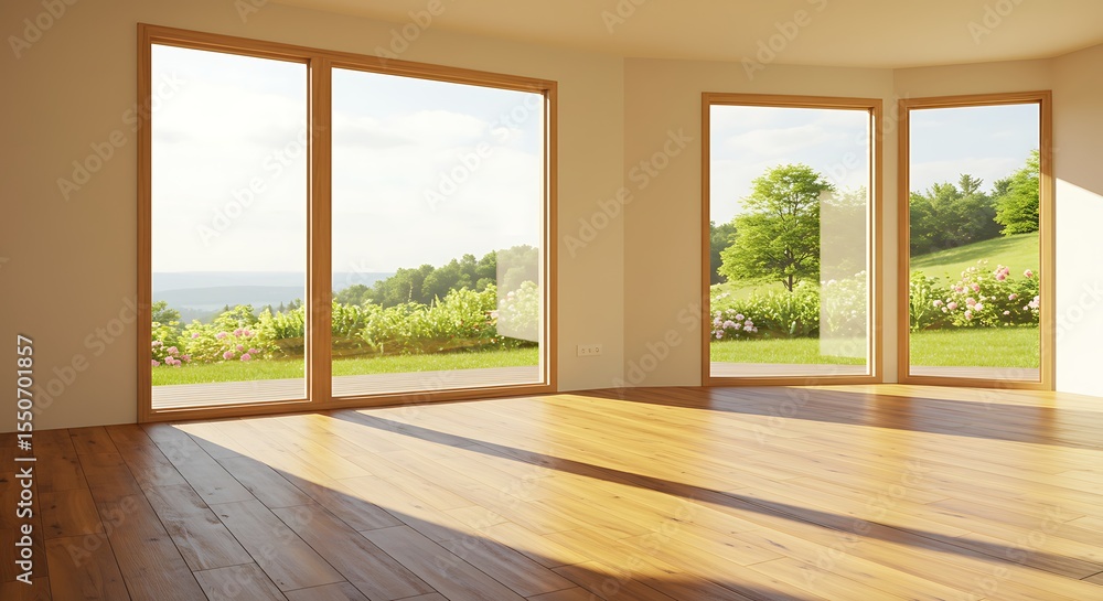 Naklejka premium Serene Interior: A sunlit room with expansive windows framing a picturesque view of a verdant landscape. The room, awash in natural light, features a warm wooden floor.