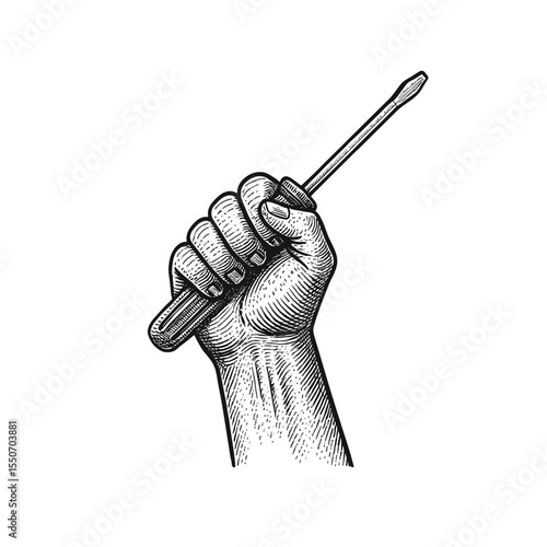 Hand Holding Screwdriver Raised, drawn in an engraved, woodcut style with fine details sketch engraving vector illustration. Scratch board imitation. Black and white image