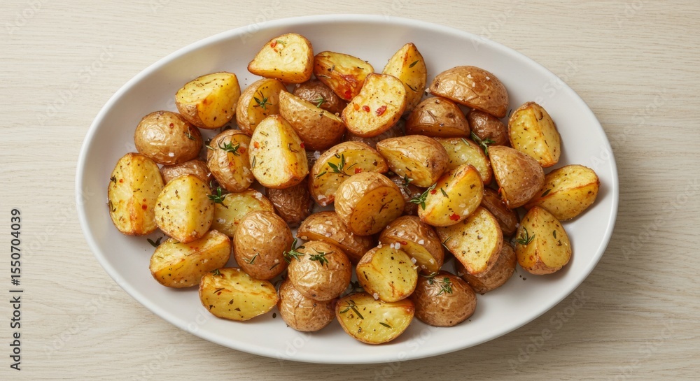 Roasted Potatoes with Herbs on White Oval Plate Roasted Potatoes with Herbs on White Oval Plate