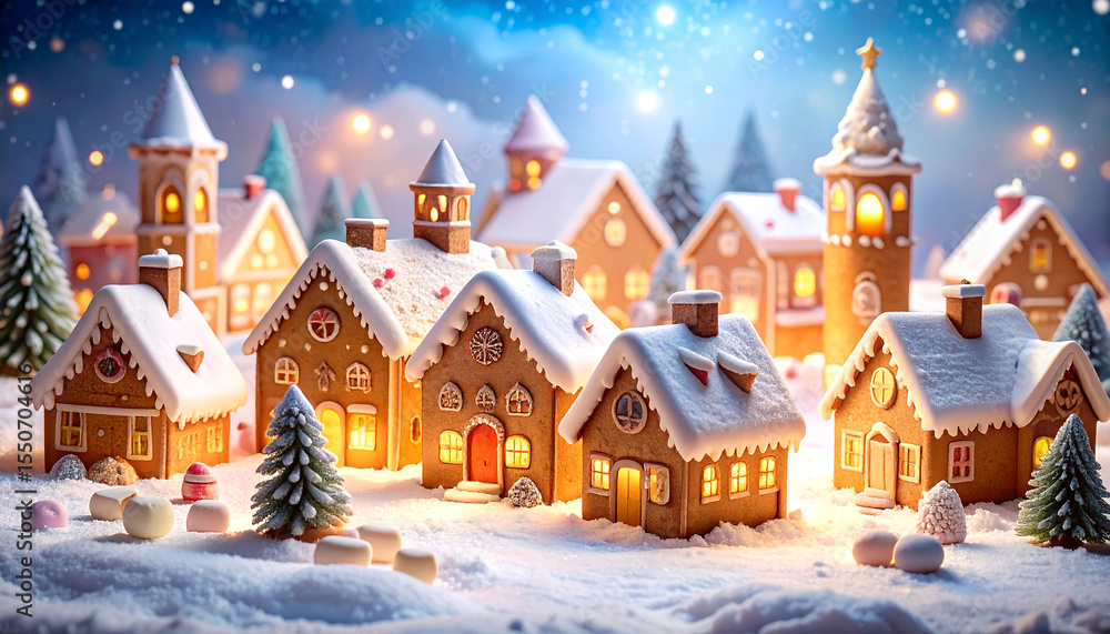 Fototapeta premium Snowy gingerbread town twinkling with lights