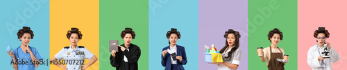 Set of funny Asian woman wi...