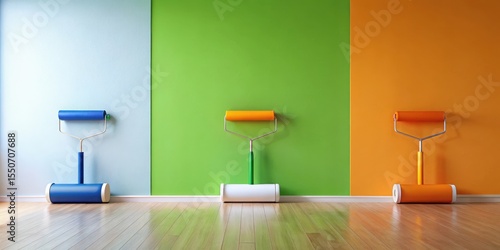 Vibrant interior room makeover with paint rollers resting against freshly painted walls showcasing a spectrum of bold colors in a minimalist home design.