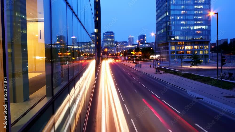 Urban motion at dusk captures the blurred movement of car lights creating vibrant streaks in a sleek modern city scene Urban motion at dusk captures the blurred movement of car lights creating vibrant streaks in a sleek modern city scene