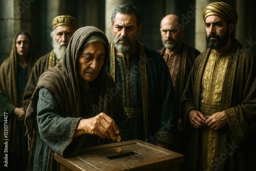 Poor widow donating her last coins at the temple treasury box