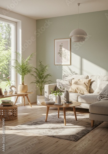Bright Minimalist Living Room with Beige Sofa and Green Walls