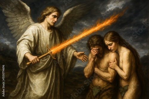 Archangel banishing Adam and Eve from Eden with flaming sword