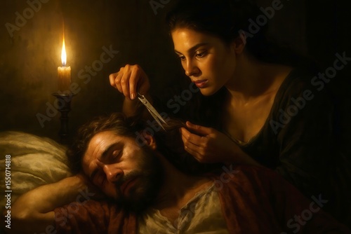 Delilah cutting Samson's hair in candlelight
