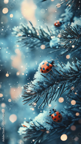 A magical winter scene shows a bright red ladybug resting on a frost-covered pine branch. Gentle snowflakes fall around it, creating a dreamy, enchanted bokeh background