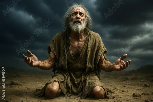 Job praying in the desert under dark clouds
