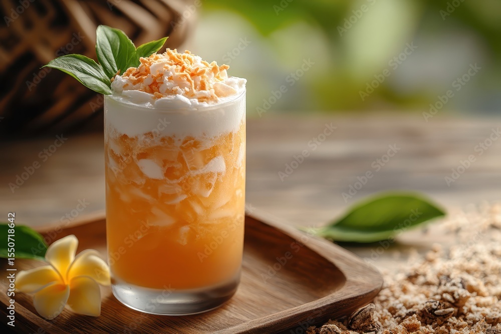 Refreshing coconut mango dessert drink served in tall glass with coconut shavings, basil leaves, and wooden spoon on a wooden background Refreshing coconut mango dessert drink served in tall glass with coconut shavings, basil leaves, and wooden spoon on a wooden background