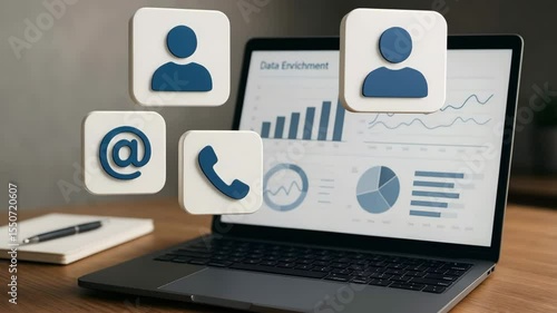 Wallpaper Mural Floating 3d like icons of user email and phone hover before a laptop graph dashboard in a warm office. Concept of data enrichment for customer profiling. Torontodigital.ca