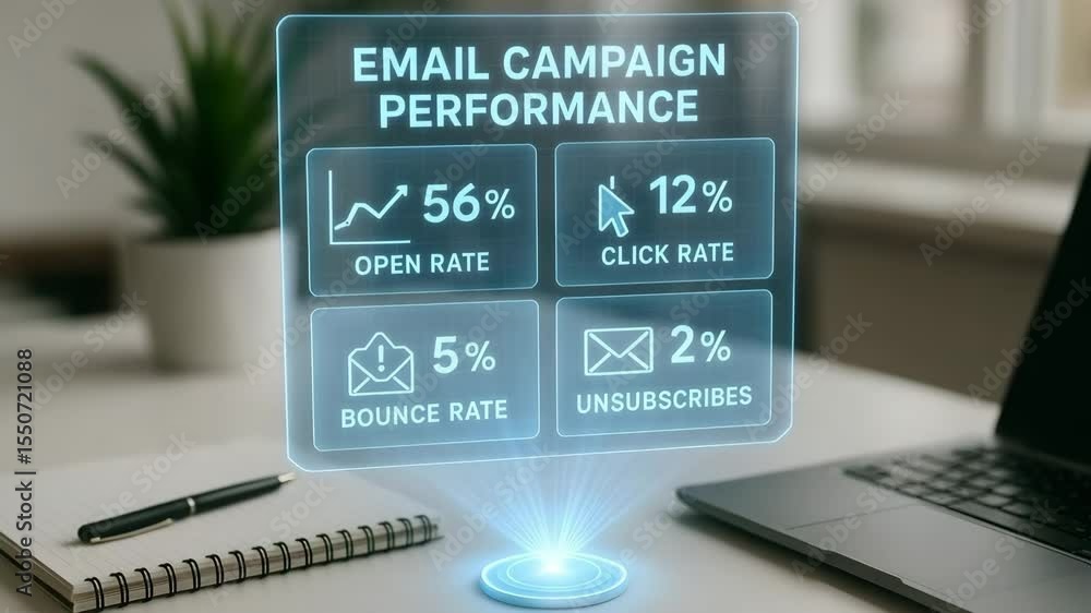 A desktop hologram displays email campaign performance metrics above a notebook and laptop in soft daylight. Concept of data driven digital marketing.
