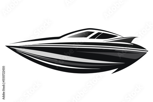 Stylized Black and White Speedboat Illustration for Nautical Designs