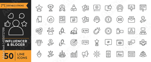 Influencer & blogger Outline icon set. Vlogging, Blog, Blogger, Influencer, video, and more. Editable icon set. Vector illustration