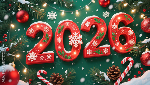A festive and vibrant Christmas-themed composition featuring the year 2026 in bold, three-dimensional red letters adorned with intricate snowflake designs and delicate green accents. Happy New Year