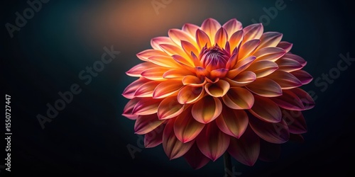 A vibrant, warm-toned dahlia blossom, dramatically lit against a deep, dark background, showcasing intricate petal details and subtle color gradations.