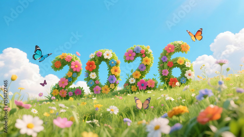 A  scene featuring the year 2026 in bold, three-dimensional letters made of colorful flowers and greenery. Happy New Year, Happy New Year 2026, Merry Christmas And Happy New Year