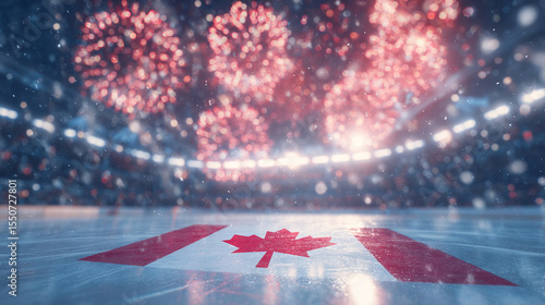 Fireworks bursting in red and silver above a hockey rink with a Canada flag in the center. stock image