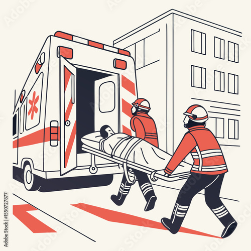 Paramedics Loading Patient into Ambulance – Action Flat Vector for Emergency Medical Services and Rescue Training