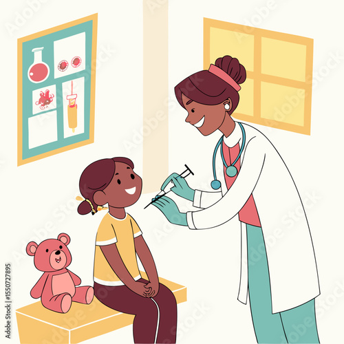 Doctor Vaccinating Young Girl in Pediatric Clinic – Flat Vector for Immunization and Child Healthcare