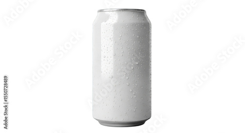 A blank, aluminum beverage can with condensation droplets, showcasing a cool, refreshing appearance