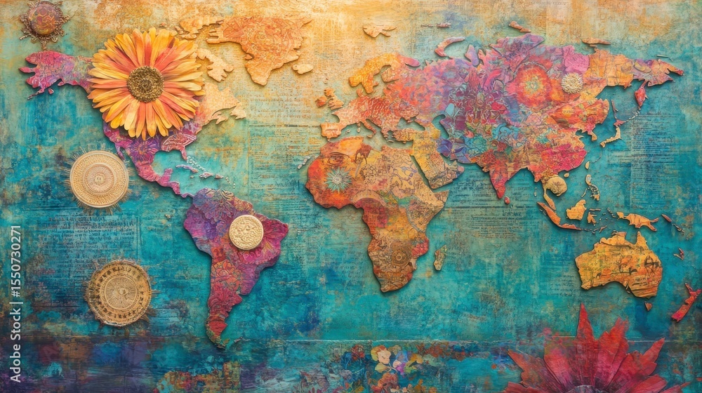 Fototapeta premium Colorful World Map Artwork with Floral Elements and Textures