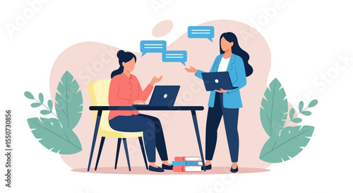 Two Businesswomen Collaborating with Laptops and Speech Bubbles in a Flat Design