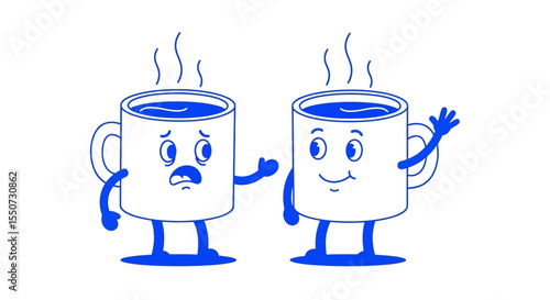Two Cartoon Coffee Mugs with Blue Outlines and Expressive Faces on White Background