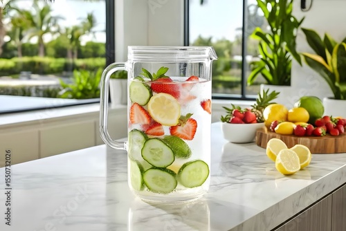Wallpaper Mural Refreshing Fruit-Infused Water with Cucumber and Strawberry in a Clear Pitcher Torontodigital.ca