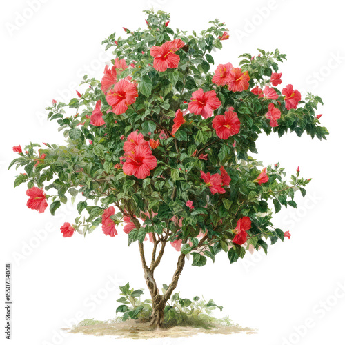  Hibiscus rosa-sinensis (Chinese hibiscus / China rose) tree on transparent background