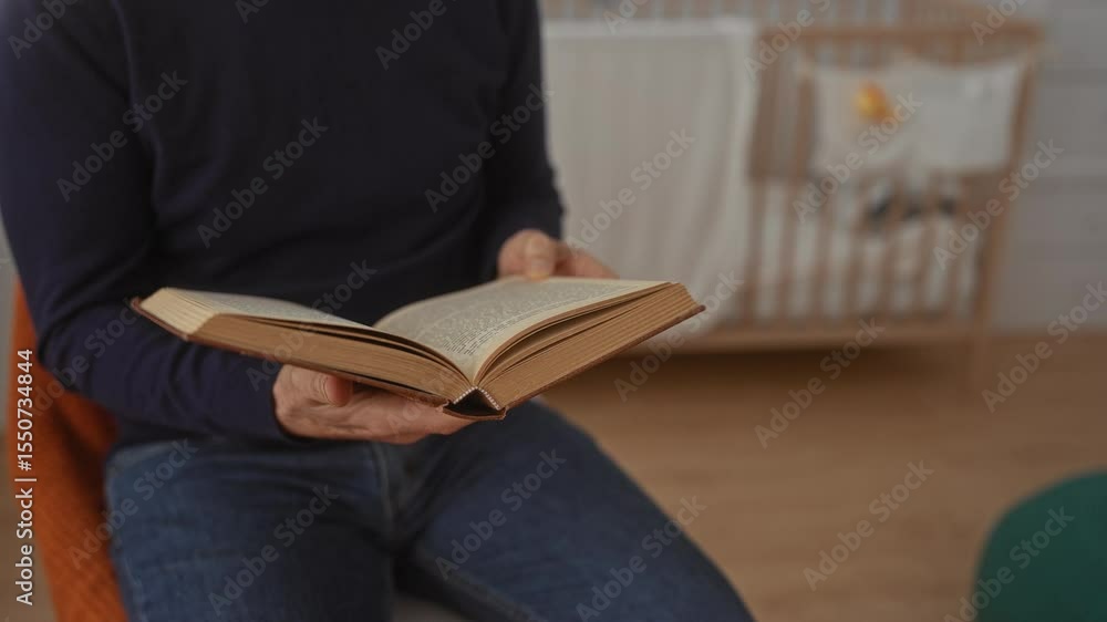 Man reading a book in a child's bedroom with a crib in the background, portraying a cozy indoor setting. Man reading a book in a child's bedroom with a crib in the background, portraying a cozy indoor setting.