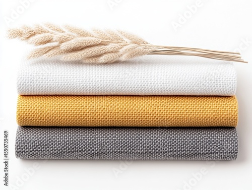 Stacked fabric samples in three colors
