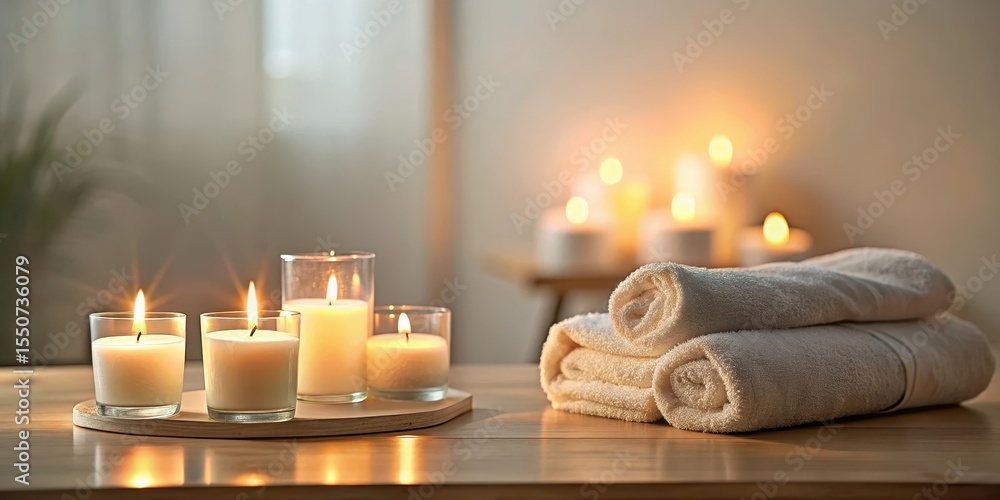 Serene Spa Setting with Lit Candles and Rolled Towels on Wooden Table Serene Spa Setting with Lit Candles and Rolled Towels on Wooden Table