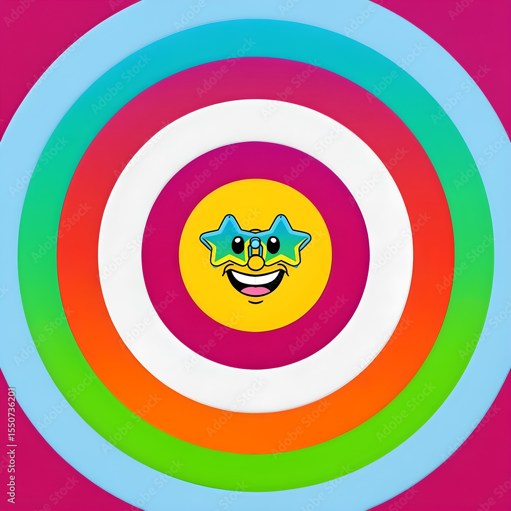 Fototapeta premium Funny emoji with star-shaped glasses over colorful concentric rings – Emoticono divertido con gafas en forma de estrella sobre círculos de colores