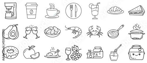 A set of icons of various food, seafood, wine, honey, chicken, coffee, suitable for simplifying interaction with the user, simplifying navigation on the site