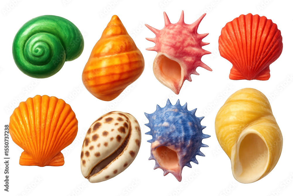Fototapeta premium Multicolored seashells varying in form and dimension, arranged harmoniously on clear surface, displaying marine diversity
