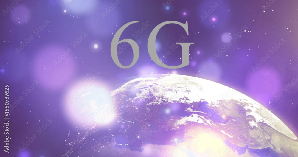 Fototapeta premium Displaying 6G text hovering above Earth globe in space, with stars, light flares, bokeh orbs