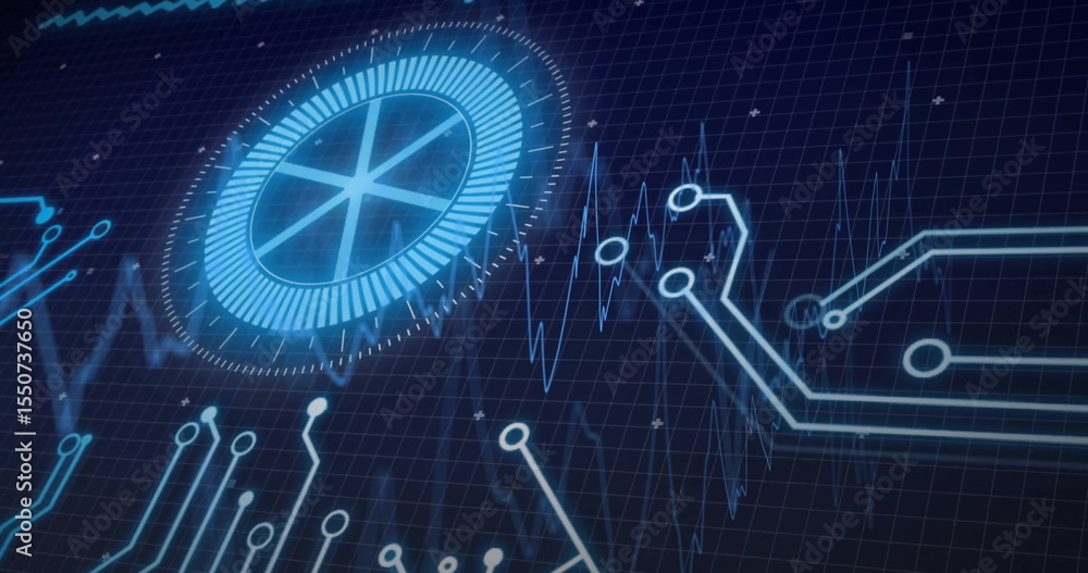 Naklejka premium Animating holographic interface rings, circuit traces, waveforms, particles on grid HUD, copy space