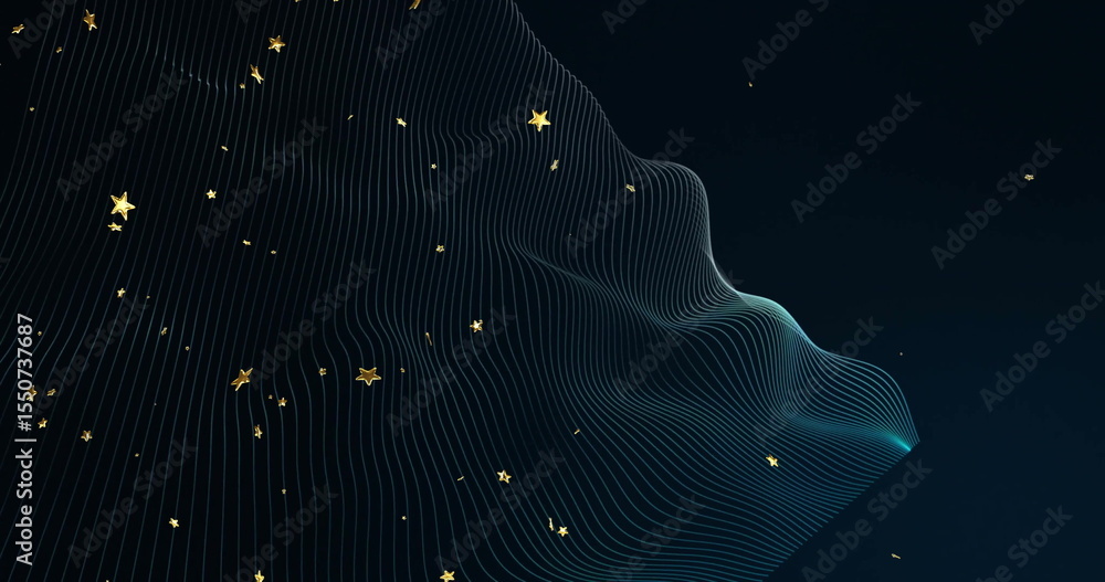 Naklejka premium Flowing curved grid lines forming undulating surface on dark navy backdrop, with golden stars
