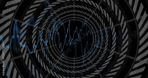 Wallpaper Mural Spiraling rings forming tunnel with blue waveform line weaving through alternating diagonal stripes Torontodigital.ca
