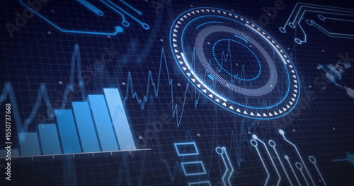 Displaying futuristic digital dashboard on tech display, with bar chart and HUD gauge