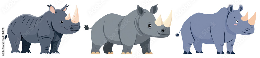 Fototapeta premium PNG Cartoon rhinos with horns, element set on transparent background