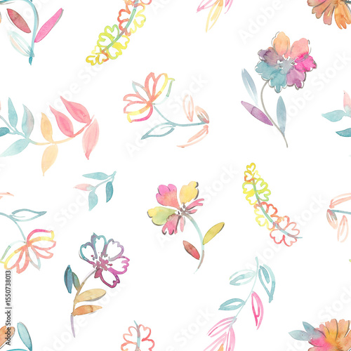 Beautiful hand drawn water color leaf flower motifs of seamless pattern 